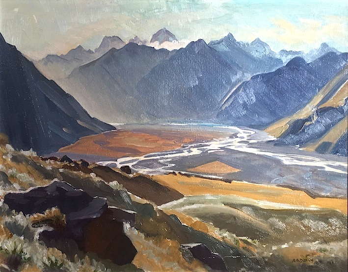 AA Deans|  Rakaia Valley From Prospect Hill (Louper Peak ) 1963 oil | McAtamney Gallery and Design Store | Geraldine NZ